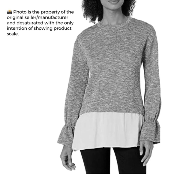 BCBGENERATION Heather Gray & White Mixed Media Long Sleeve Ruffle Cuff Blouse - Picture 2 of 12